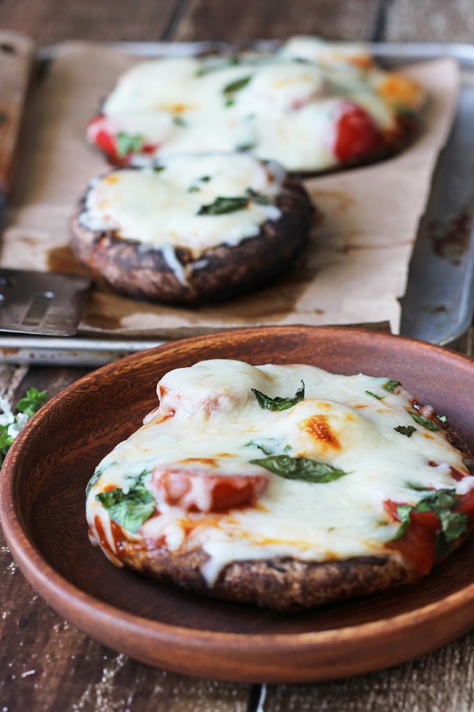 Portobello mushroom caps stuffed with marinara sauce, grape tomatoes, mozzarella and fresh basil.