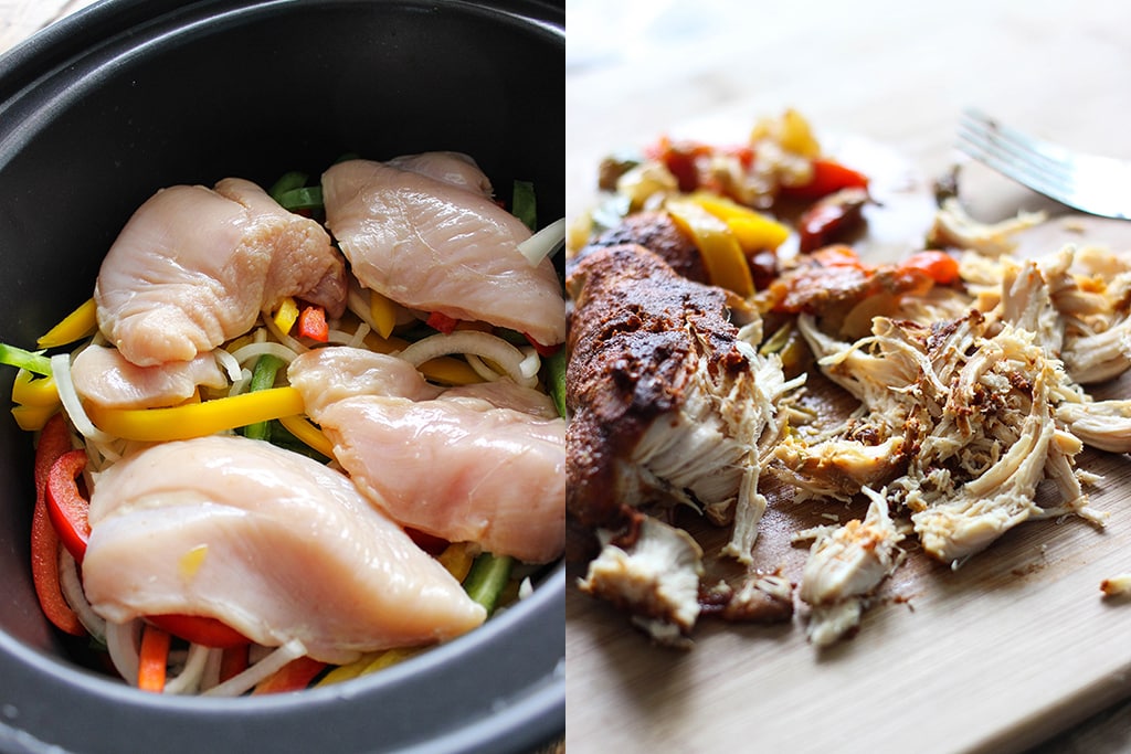 Ingredients Place the chicken, butter, soup, and onion in a slow cooker, and fill with enough water to cover. Cover, and cook for 5 to 6 hours on High. About 30 minutes before serving, place the torn biscuit dough in the slow cooker. Cook until the dough is no longer raw in the center Steps: 2.